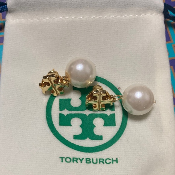 Tory Burch Jewelry - Tory Burch Gold Logo and Pearl Drop Earrings